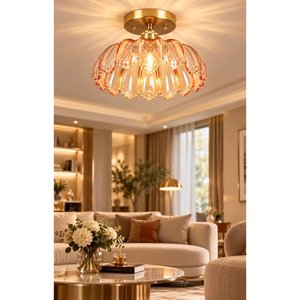 Bella Cam Classic Orijinal El Yapımı Amber Bal Renk Camlı Tavan Avize Eskitme Gold Gövde Amber