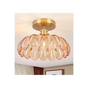 Bella Cam Classic Orijinal El Yapımı Amber Bal Renk Camlı Tavan Avize Eskitme Gold Gövde Amber