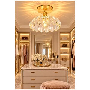 Bella Cam Classic Orijinal El Yapımı Şeffaf Renk Camlı Tavan Avize Eskitme Gold Gövde Şeffaf