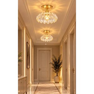 Bella Cam Classic Orijinal El Yapımı Şeffaf Renk Camlı Tavan Avize Eskitme Gold Gövde Şeffaf