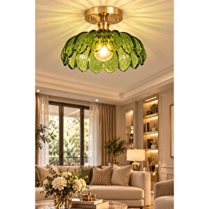 Bella Cam Classic Orijinal El Yapımı Yeşil Renk Camlı Tavan Avize Eskitme Gold Gövde Yeşil