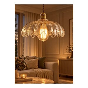 Bella Cam Classic Orijinal El Yapımı Şeffaf Renk Camlı Sarkıt Avize Eskitme Gold Gövde Şeffaf