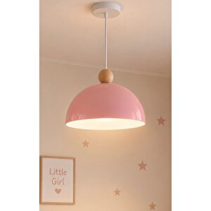 Pembe Sarkıt Avize Metal Gövde E-27 Duy Tavan Lambası Ahşap Küre Detay 25cm Çap