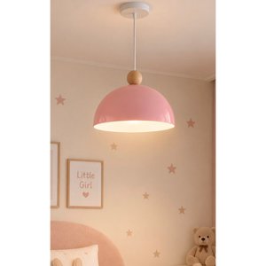 Pembe Sarkıt Avize Metal Gövde E-27 Duy Tavan Lambası Ahşap Küre Detay 25cm Çap