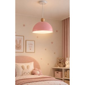 Pembe Sarkıt Avize Metal Gövde E-27 Duy Tavan Lambası Ahşap Küre Detay 25cm Çap