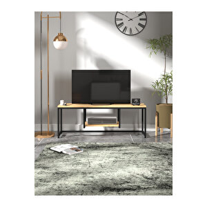 Metal Tv Sehpası Raflı Tv Ünitesi Televizyon Sehpası Safir Meşe 120 Cm Televizyon Sehpası