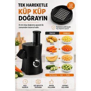 Elektrikli Sebze Meyve Doğrayıcı – 8 Mm Küp Doğrama, 7 Kesim Aparatı, 65 Mm Geniş Besleme, 800w Siyah