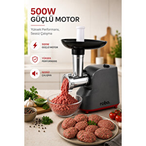 Elektrikli Kıyma Makinesi Ve Sebze Rende Makinesi – 500w, 7 Aparat, 3 Kıyma Diski (3-5-7 Mm), Sucuk Ve İçli Köfte Aparatlı Gri