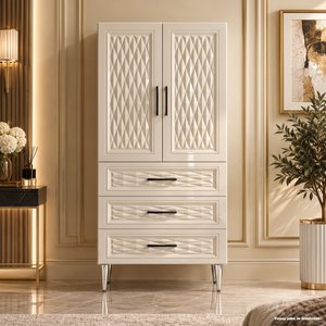 Cannes Çok Amaçlı Dolap 60 Cm 2 Kapak 3 Çekmece Parlak Krem - Çok Amaçlı Kiler Dolabı