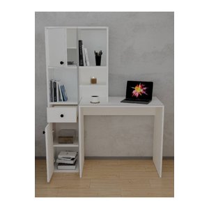 Smyrna Dolaplı Raflı Çekmeceli Kitaplıklı Çalışma Masası Beyaz Beyaz