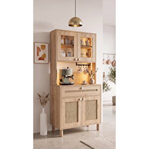 Ambiyans80 Kahve Köşesi Dolabı | Led Aydınlatmalı Dolap | Temperli Karartma Cam Ve Jüt Kumaş Mdf Kapak