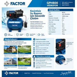 Factor Gph800 Hidrofor 800 W – 19 L Tanklı, 40 Metre Basma Yüksekliği