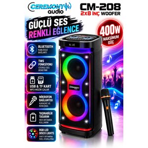 Ceremony Cm-208 400w 2x8 İnç Bluetooth Parti Hoparlörü Rgb Led Işıklı Tws Destekli