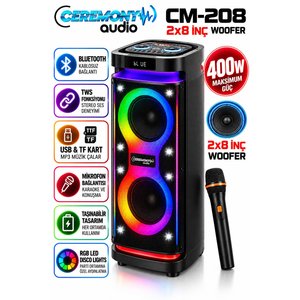 Ceremony Cm-208 400w 2x8 İnç Bluetooth Parti Hoparlörü Rgb Led Işıklı Tws Destekli