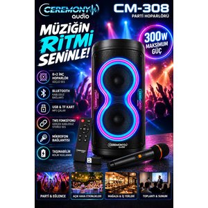 Ceremony Cm-308 300w Bluetooth Parti Hoparlörü 2x8 İnç Rgb Led Tws Mikrofonlu