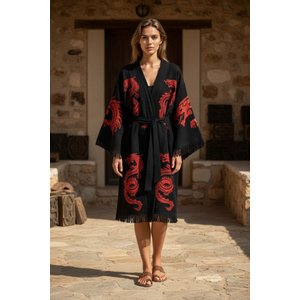 Organik %100 Pamuk Kimono Yaka Sabahlık Bornoz - Viserion - Kırmızı - S/m S/M