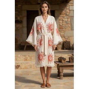 Organik %100 Pamuk Kimono Yaka Sabahlık Bornoz - Heliona V1 - Kırmızı - S/m