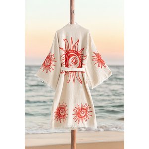 Organik %100 Pamuk Kimono Yaka Sabahlık Bornoz - Heliona V1 - Kırmızı - S/m