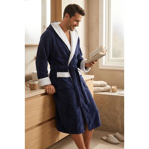 Biyeli Kapüşonlu Bambu Bornoz - Lacivert-beyaz - S/m S/M