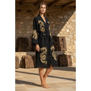 Organik %100 Pamuk Kimono Yaka Sabahlık Bornoz - Viserion - Sarı - S/m S/M