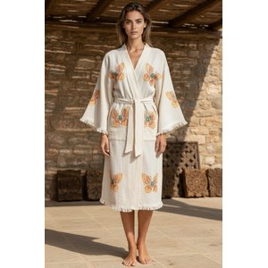Organik %100 Pamuk Kimono Yaka Sabahlık Bornoz - Kelebek - S/m S/M