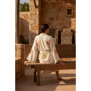 Organik %100 Pamuk Kimono Yaka Sabahlık Bornoz - Kelebek - S/m S/M