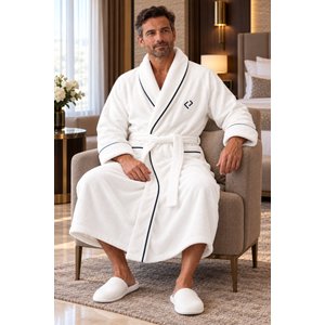 Elegant Beyaz Erkek Bornoz Yüksek Gramajlı Uzun Kesim Şal Yaka - S S