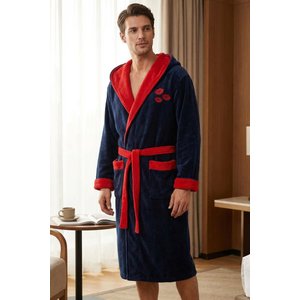 Luxury Touch Kapüşonlu %100 Pamuk Nakışlı Bornoz Kiss - Lacivert-kırmızı - Xxl XXL