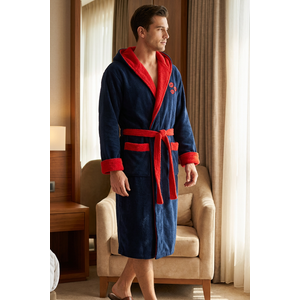 Luxury Touch Kapüşonlu %100 Pamuk Nakışlı Bornoz Kiss - Lacivert-kırmızı - Xxl XXL