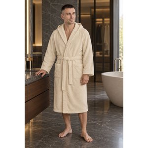 Unisex %100 Pamuk Kapüşonlu Bukle Havlu Bornoz Diz Altı - Krem - S/m S/M