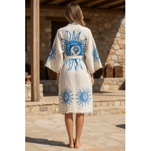 Organik %100 Pamuk Kimono Yaka Sabahlık Bornoz - Heliona V2 - Mavi - S/m
