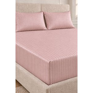 %100 Pamuk Saten Stripe Çift Kişilik Lastikli Çarşaf Takımı 160x200+30 Cm 2 Yastık Kılıflı - Pudra Pudra