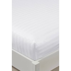 %100 Pamuk Saten Stripe Çift Kişilik Lastikli Çarşaf Takımı 160x200+30 Cm 2 Yastık Kılıflı - Beyaz Beyaz