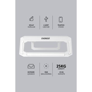 St1 4 Usb Hub Rgb Işıklı Katlanabilir Yükseklik Ayarlı Beyaz Monitör Standı Yükseltici Stand