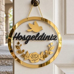 Kapı Süsü Hediyelik Dekoratif Şeffaf & Gold Pleksi Hoşgeldin -28 Cm Yeni Nesil Lazer Kesim-gold Kuş