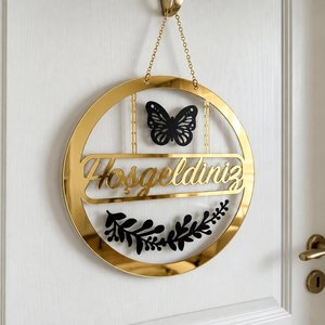 Kapı Süsü Hediyelik Dekoratif Şeffaf & Gold Pleksi Hoşgeldiniz - 28 Cm Lazer Kesim-siyah Kelebek