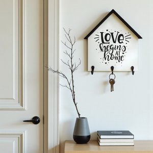 Dekoratif Ahşap Anahtarlık Askılık 25x24 Cm – Mdf 3 Katlı Duvar Tipi Metal Kancalı, Love Begins