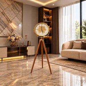 Çarklı Saat Ahşap Tripod Ayaklı 150cm Gold Metal Kasa Muyika Salon Ve Ofis Büyük Saat