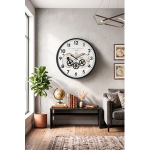 Dünya Haritalı Çarklı Duvar Saati 47 Cm Metal Kasa Muyi̇ka Hareketli Mekanik İskelet Sessiz Akar Siyah-atlas Travel 47