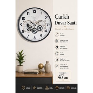 Dünya Haritalı Çarklı Duvar Saati 47 Cm Metal Kasa Muyi̇ka Hareketli Mekanik İskelet Sessiz Akar Siyah-atlas Travel 47