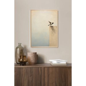 Duvar Tablosu Dekoratif Ahşap Çerçeveli Wabi-sabi Stil Kuş Figürlü Minimalist - 50x70 Cm Modern Salon Tablosu