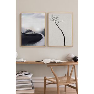 Duvar Tablosu Dekoratif Ahşap Çerçeveli Wabi-sabi Stil Botanik Yaprak Figürlü - Modern Salon Tablosu 2'li Kombin Set 35x50 cm