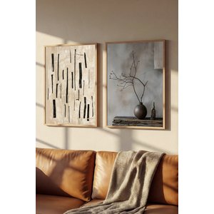 Ahşap Çerçeveli Tablo Seti Wabi Sabi Tasarım Minimalist Organik Çizgili Sanatsal Baskı - 2'li Dekoratif Set 50x70 cm