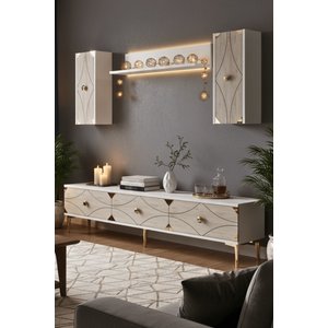 Tvr1897btg - Alfa Tvr180 Tv Üni̇tesi̇ Takim , Tv Sehpasi Beyaz - Traverten - Gold 180cm Beyaz-Traverten-Gold