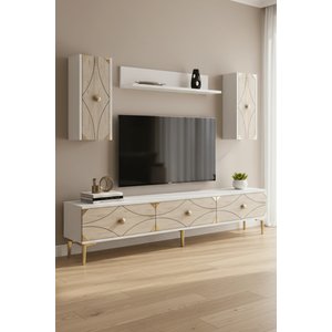 Tvr1897btg - Alfa Tvr180 Tv Üni̇tesi̇ Takim , Tv Sehpasi Beyaz - Traverten - Gold 180cm Beyaz-Traverten-Gold