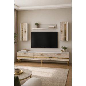 Tvr1842btg - Madezh Tv Sehpasi, Tv Üni̇tesi̇ Takim Beyaz - Traverten - Gold 180 Cm Beyaz-Traverten-Gold