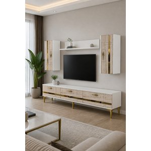 Tvr1842btg - Madezh Tv Sehpasi, Tv Üni̇tesi̇ Takim Beyaz - Traverten - Gold 180 Cm Beyaz-Traverten-Gold