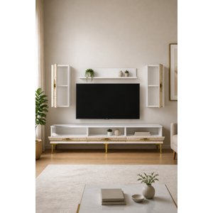 Tvr1842btg - Madezh Tv Sehpasi, Tv Üni̇tesi̇ Takim Beyaz - Traverten - Gold 180 Cm Beyaz-Traverten-Gold