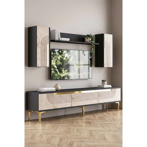 Tvr1803atg - Meyrazh Tv Sehpasi, Tv Üni̇tesi̇ Takim Antrasi̇t - Traverten - Gold 180cm Antrasit-Traverten-Gold