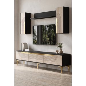 Tvr1803atg - Meyrazh Tv Sehpasi, Tv Üni̇tesi̇ Takim Antrasi̇t - Traverten - Gold 180cm Antrasit-Traverten-Gold